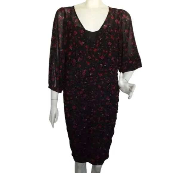 new TORRID Dress, 0/L, Black, Red/Purple Floral, Ruched Skirt, Scoop neck, Meshy - Picture 1 of 16